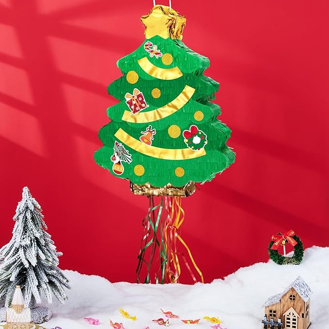 Wernsai Christmas Piata Large Pull String with Blindfold Bat - Cute Tree Design for Christmas Party Games - Green, 16.5' x 12.4'