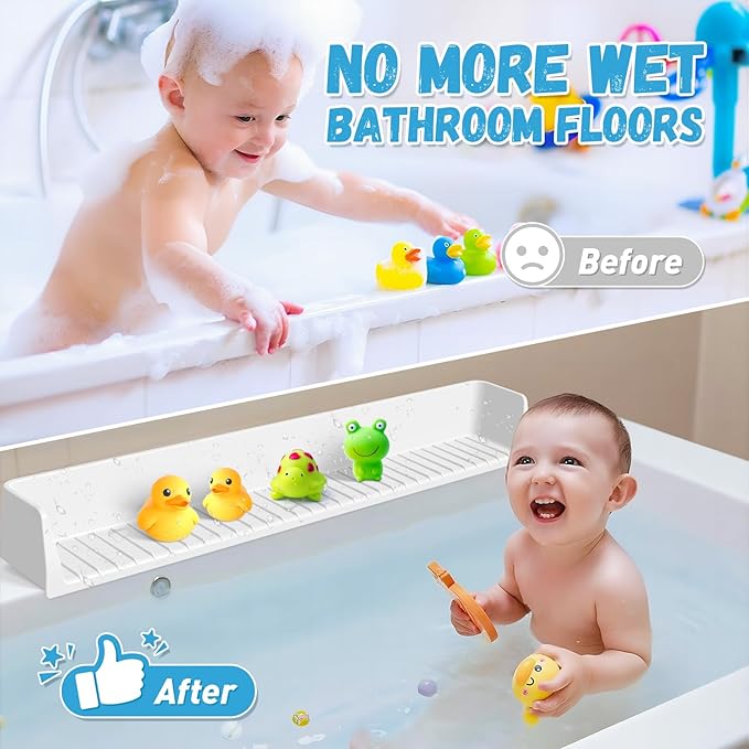Splash Guard for Bathtub Kids - Silicone Bathtub Splash Guard with 11 Suction Cups, Bath Tub Play Shelf for Kids & Toy Holder, Prevent Water Spill in Bathroom, Fun Bath Time for Toddlers Baby, White