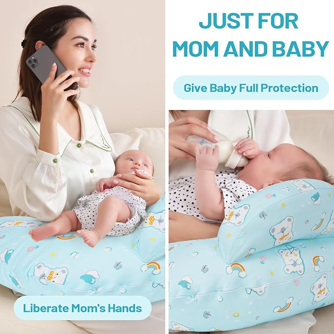 Nursing Pillow, Plus Size Ergonomic Design, Breastfeeding Pillows Support for Mom and Baby, Removable Cotton Cover, Machine Washable, Ice Blue