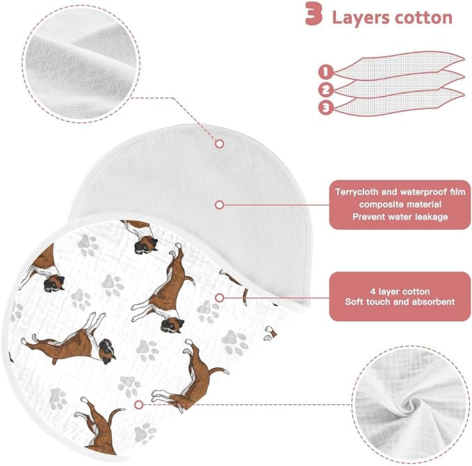 1 Pack Muslin Burp Cloths Boxer Dogs White Cotton Baby Burp Cloths Ultra Absorbent and Soft Thick Burping Cloth for Newborn Babies Boys Girls 22x11 Inch