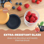 BEABA 4 Pack Glass Baby Food Jars with Soft Silicone Air Tight Lids, 8 oz Glass Storage Containers with Lids, Microwave and Freezer Safe Containers, Sunrise