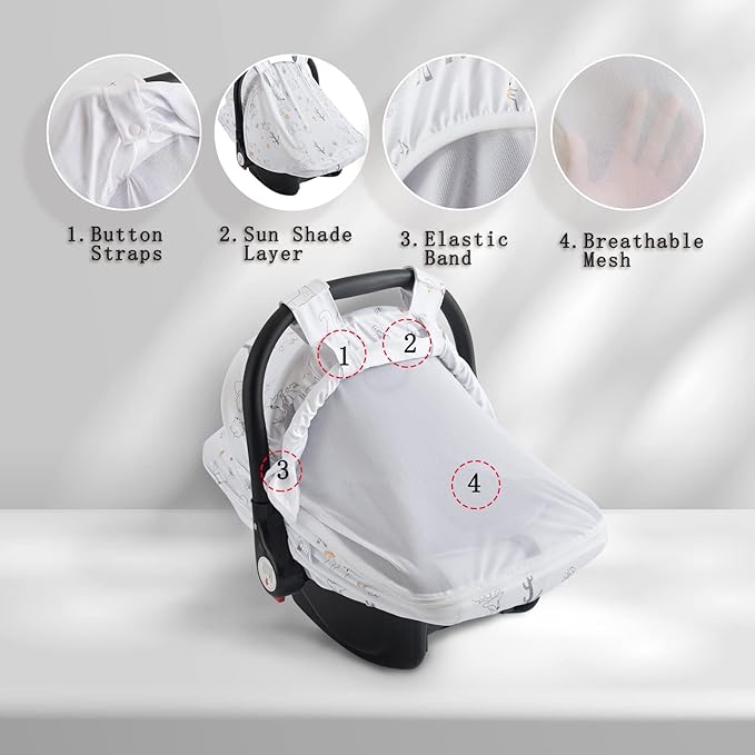 Baby Car Seat Cover, Soft Sun Shade Cover, Breathable Comfortable Privacy Carseat Canopy Protect for Newborn Infant Boys Girls (Animals)
