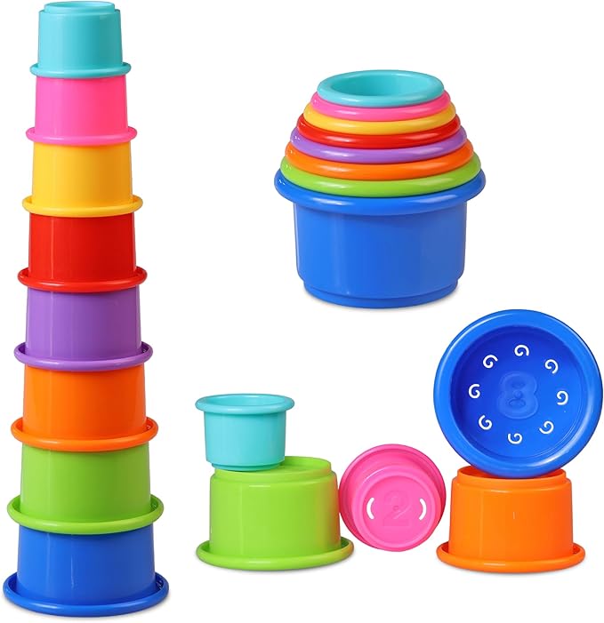 Stacking Cups Baby Toy Educational Cup Stacking Set 8-Pc Stackable Cups with Number Rainbow Nesting Cups for Babies 6-12 Months Stacking Cups for Toddlers 1-3 Perfect for Indoor/Outdoor