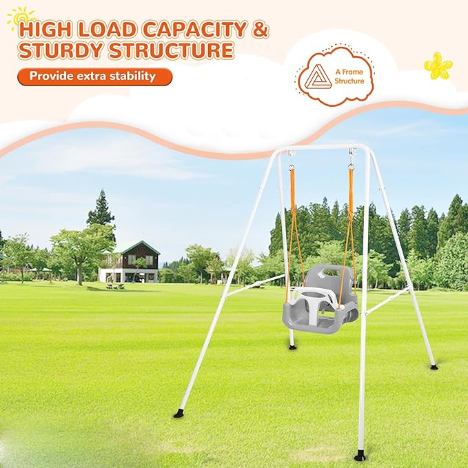 4-in-1 Swing Set & Baby Jumper and Bouncer for Toddler, Heavy Duty Baby Swing Set with Foldable Metal Stand for Indoor & Outdoor Play, Adjustable Swingset for Toddler (White)