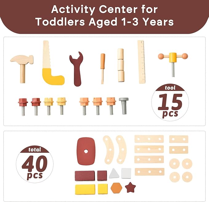 OESSUF 2-in-1 Wooden Baby Walker with 40 PCS Tool Toys – Baby Push Walker for 6-12 Months, Activity Center for Toddlers Aged 1-3 Years, Montessori Toy for Boys and Girls (Red)