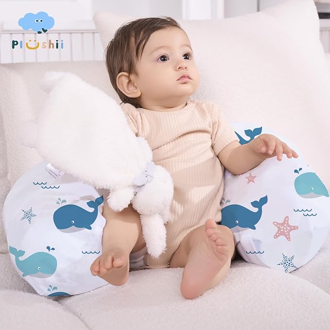 Plushii Nursing Pillow for Breastfeeding, Breathable Breast Feeding Pillow and Positioner with Removable Cover for More Support, Tummy Time and Bottle Feeding Support Pillow, Whale