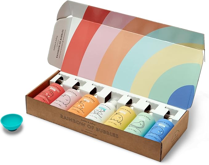 Dabble & Dollop Rainbow of Bubbles – Natural 4-in-1 Bath Set for Kids, Includes Bubble Bath, Body Wash, Shampoo, No Parabens/Sulfates, Vegan, Gluten-Free, Tear-Free (7-Pack)