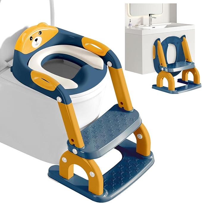 Potty Training Seat with Step Stool for Toddlers - Upgrade 2-in-1 Toilet Seat Toilet Ladder for Kids Children Boys Girls, Anti-Slip Pad & Adjustable Height with Waterproof - Dark Blue