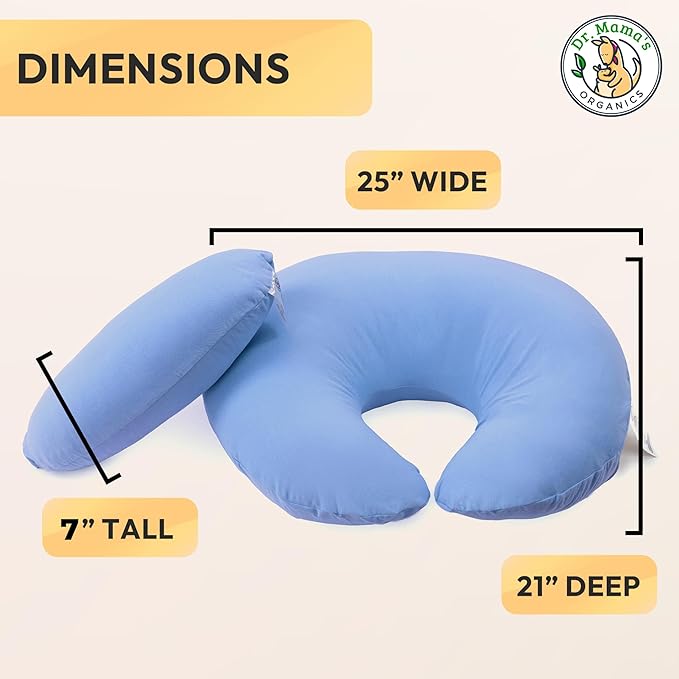Dr. Mama's Organics Nursing Pillow with Lumbar Support - Ergonomic Design Helps Relieve Back Pain and Arm Fatigue - for Bottle and Breastfeeding - Removable Organic Cotton Cover - (Blue)