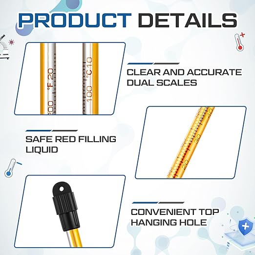 8 Pcs General Purpose Lab Thermometer 12 Inch Laboratory Liquid in Glass Thermometer Total Immersion -20 to 110℃/ 0 to 230℉ Dual Scale for Science University Food and Beverage Processing