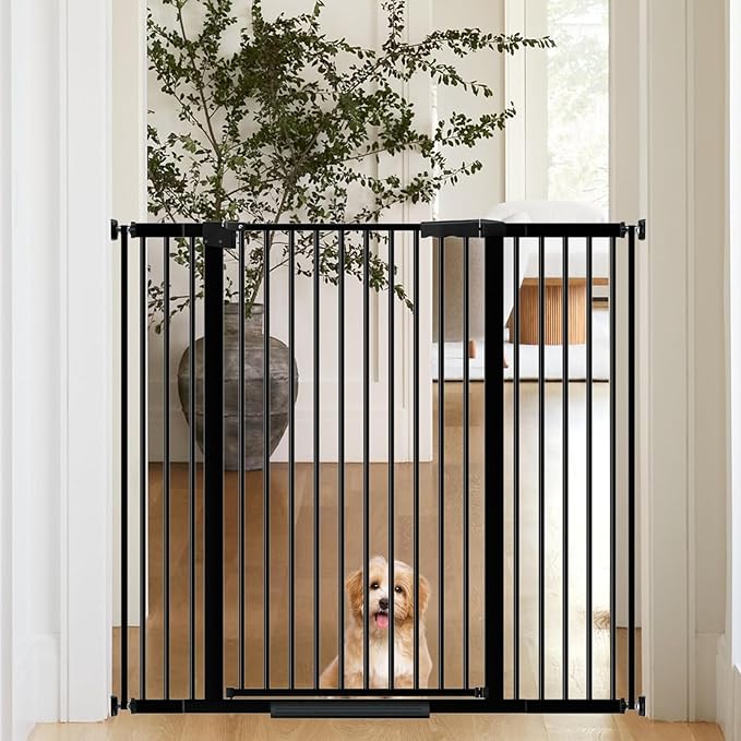 WAOWAO 40.55" Extra Tall 1.37" Ultra Narrow Spacing 30.12-45.87" Extra Wide Dogs Pets Baby Gate Safety Indoor Puppy Pressure Mounted Gate No Drill Black Metal for Stairs,Doorways,Kitchen,Hallway