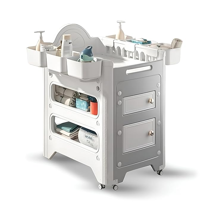 Changing Table with Storage & Adjustable Height, Baby Changing Table, Portable Changing Table, Diaper Changing Station, Baby Changing Station, Easy Assembly Baby Diapering & Bathing