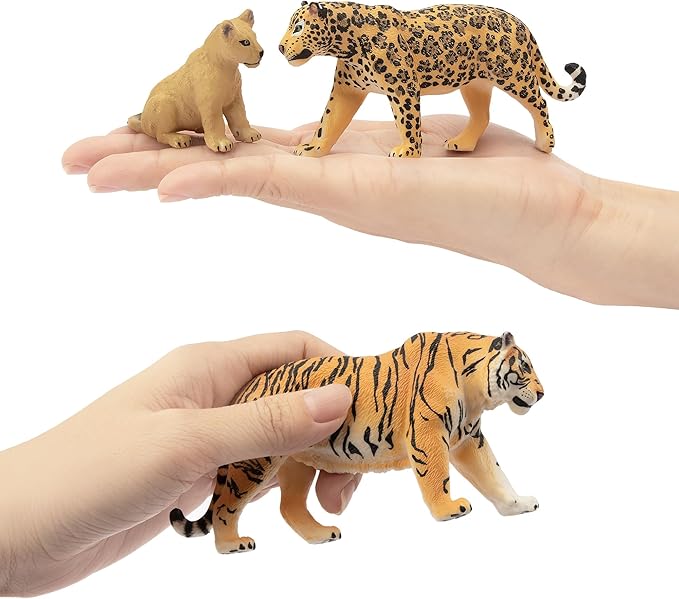 Toymany 8PCS 2-5" Plastic Jungle Animals Figures Playset Includes Baby Animals, Realistic Lion, Tiger, Cheetah, Leopard Figurines with Cubs, Cake Toppers Christmas Birthday Toy Gift for Kids Toddlers