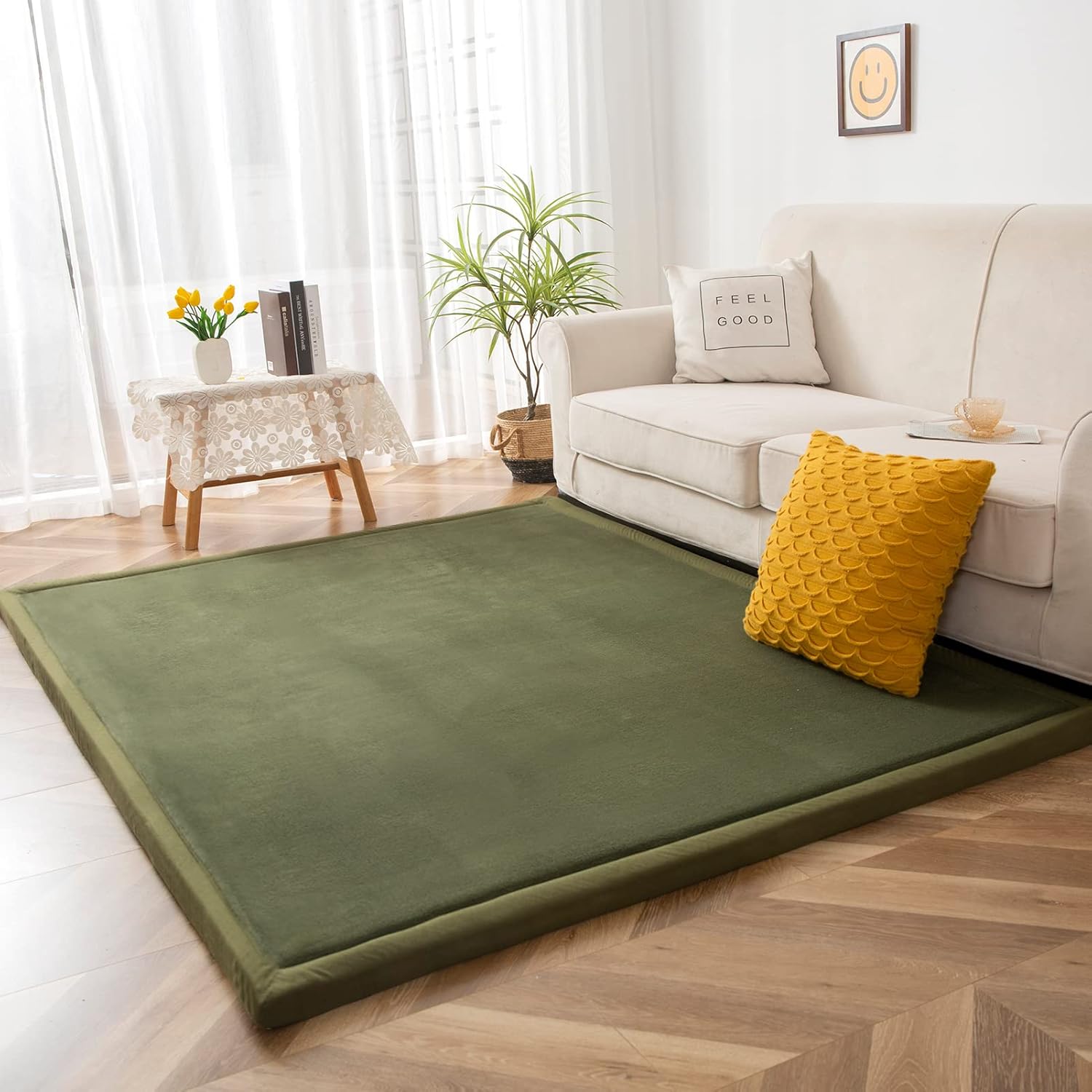 MAXYOYO Coral Velvet Area Rug, Thick Japanese Tatami Mat Living Room Carpet with Non-Slip Backing, Large Solid Color Mat for Bedroom Dormitory Yoga, Olive Green, 59"x 78"