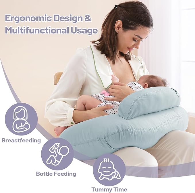 Breast Feeding Pillows for Mom, Soft Cover with Breathable Filling, Machine Washable, Cotton, Light Blue