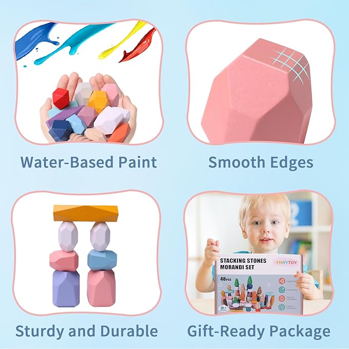 48 PCS Wooden Stacking Rocks Stones Building Blocks, Montessori Toys for 3+ Year Old Preschool Learning Activities Balancing Stacking Game, Birthday Gifts for 3 4 5 6 Year Old Girls Boys Kids