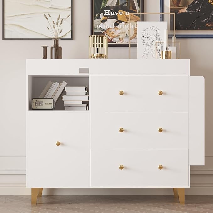 Baby Changing Table,Diaper Changing Table with Large Tabletop,4 Drawers,Open Storage Space & Side Shelves,Modern Storage Crib with Changing Table Dresser for Nurseries and Baby Rooms,White