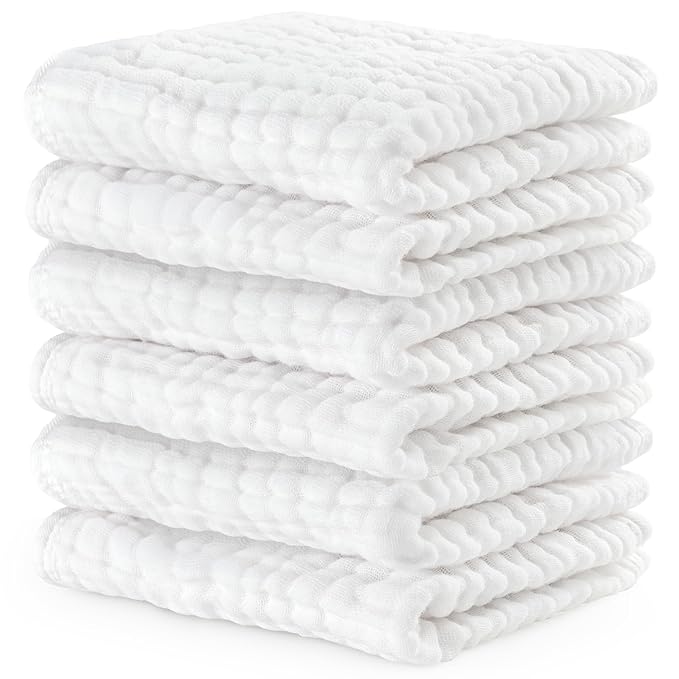 Comfy Cubs Muslin Baby Washcloths 6 Pack - Soft 6-Layer Cotton Wash Cloths for Sensitive Skin - 10"x10" Large, Gentle, Absorbent Infant Essentials for Newborn and Toddlers - White