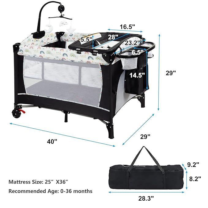Kinder King 4 in 1 Portable Baby Playard, Foldable Baby Bedside Crib w/Bassinet, Infant Pack and Play Playard Toddler Large Playpen, Newborn Changing Table, Storage Basket,Multicolour