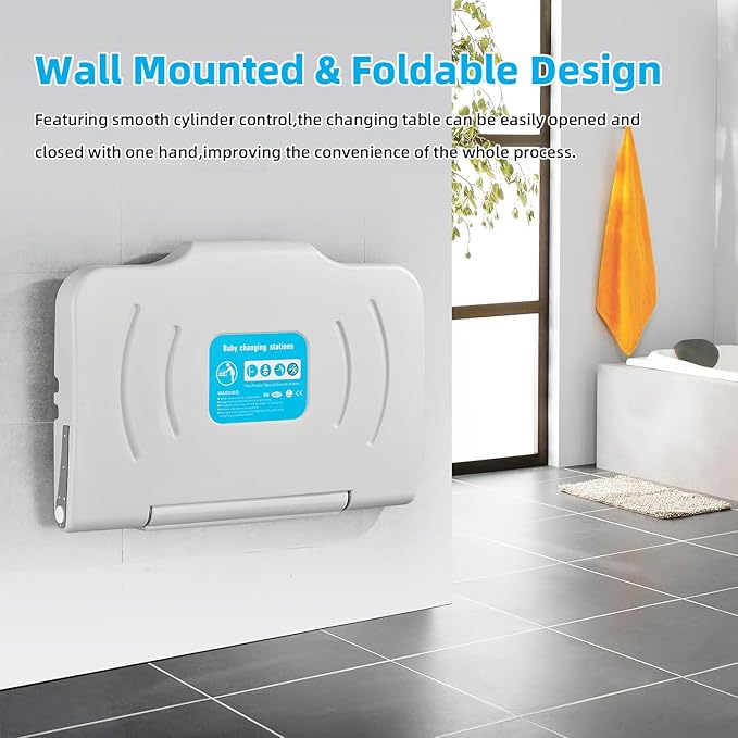 Fold-Down Baby Changing Diaper Station - Horizontal Wall Mounted, Sturdy & Durable with Safety Straps for Commercial Bathrooms, Granite