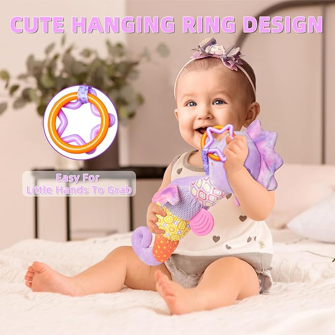 Baby Toys 0-6 Months,Infant Musical Seahorse Stuffed Animals Sensory Toys with Bright Colors,Multiple Textures,Rattles & Crinkle Sound Paper,Tummy Time Toy for Newborn Boys Girls 0-12 Months-Purple