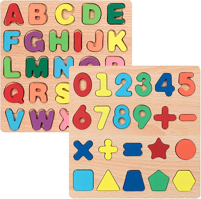 Wooden Puzzles for Toddlers, 2pack Alphabet Shape Puzzles for Kids Wooden Montessori Toddler Wooden Alphabet Number Shape for Kids 3 Years Old Boys & Girls