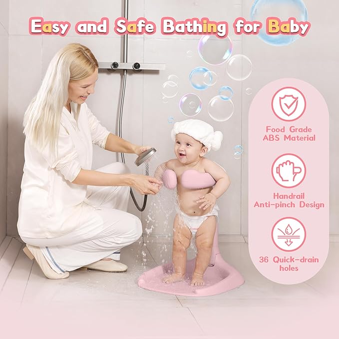 Baby Shower Stand, No-Assembly Baby Bath Stand with Enlarged Anti-Slip Base, Foldable Adjustable Toddler Shower Standing Support, Soporte para Bañera de Bebe, Ideal Gift for Infant 6–36 Months (Pink)