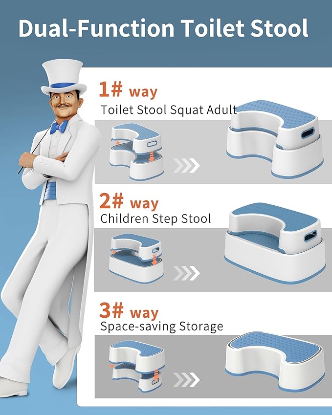 MR.SIGA Toilet Stool Squat Adult, Bathroom Stool Heavy Duty, Anti Slip Toilet Step for Bathroom, Toddler Step Stool for Kids, White & Grayish Blue