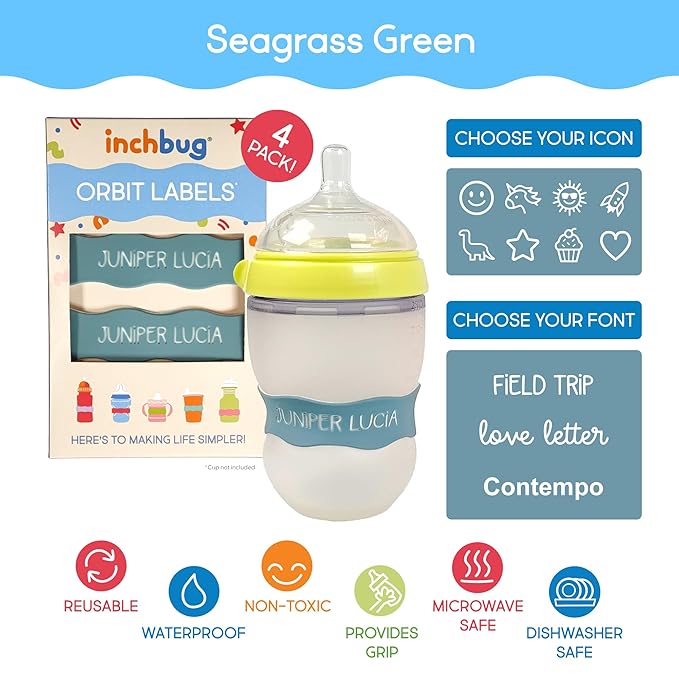 InchBug Orbit Labels Baby Bottle and Water Bottle Silicone Name Bands – Personalized Reusable Label Set for Daycare, Sippy Cups, Preschool, Elementary School, Dishwasher Safe, 4-Pack (Sea Glass)