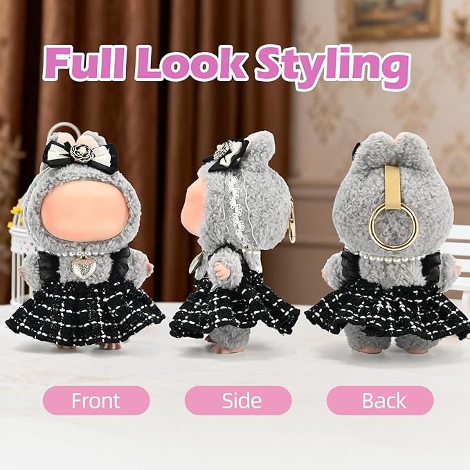‌Elegant Black-and-White Dress for 15cm/17cm Dolls - Strap Gown with Heart Pearl Necklace & Bow Headband/Fashion Doll Clothes Set, Accessories for Girl Doll/Perfect for Collectors, Gifts