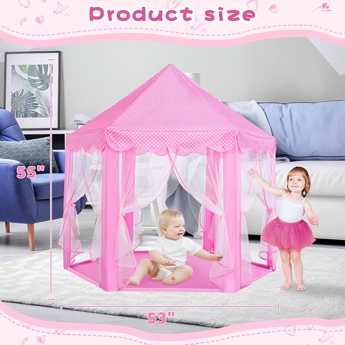 Monobeach Princess Tent Girls Large Playhouse Kids Castle Play Tent with Star Lights Toy for Children Indoor and Outdoor Games, 55'' x 53'' (DxH) (Pink Princess Tent with Play Mat)