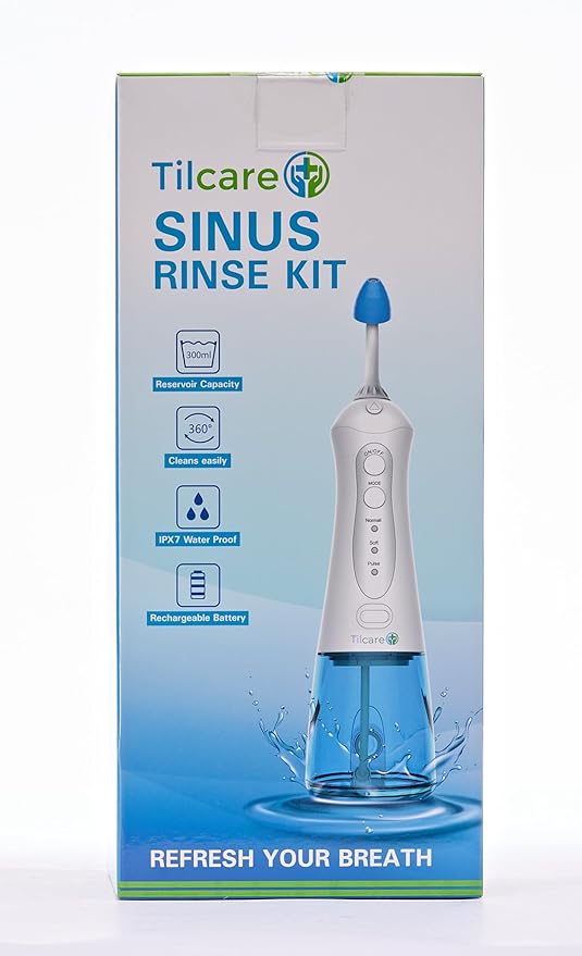 Nasal Irrigation System by Tilcare - Perfect Nasal Rinse Machine for Sinus & Allergy Relief - Electric Neti Pot for Nasal Irrigation to Cleanse Your Stuffy Nose - Comes with a Towel and 30 Salt Packs