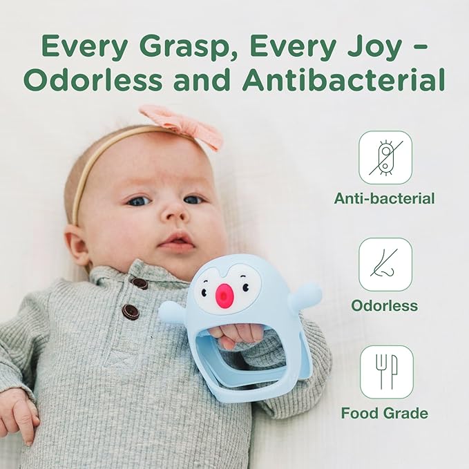 Teething Toy for Infants & Babies, Teethers for Babies 3-6 Months, Baby Teethers 0-6 Months, Teething Toys 6-12 Months, TotCo Never-Drop Baby Teething Toy, Blue