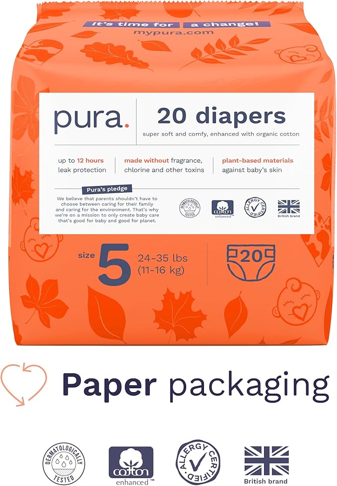 Pura Size 5 Eco-Friendly Diapers (24-35 lbs) Totally Chlorine Free (TCF) Hypoallergenic, Soft Organic Cotton, up to 12 Hours Leak Protection, Allergy UK, 3 Packs of 20 (60 Diapers)