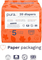 Pura Size 5 Eco-Friendly Diapers (24-35 lbs) Totally Chlorine Free (TCF), Hypoallergenic, Soft Organic Cotton, Sustainable, up to 12 Hours Leak Protection, Allergy UK, 6 Packs of 20 (120 Diapers)