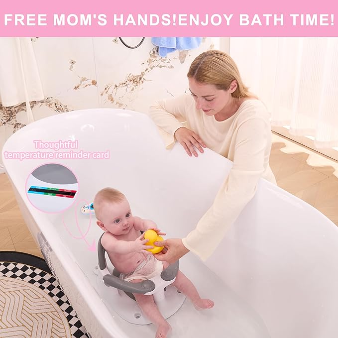 Baby Bath seat for Babies 6 Months & up, 360° Stable Toddler Bath Chair with one-Touch Button, Back Hollow Design, Water Temperature Card & 4 Suction Cups for Safety (Pink)