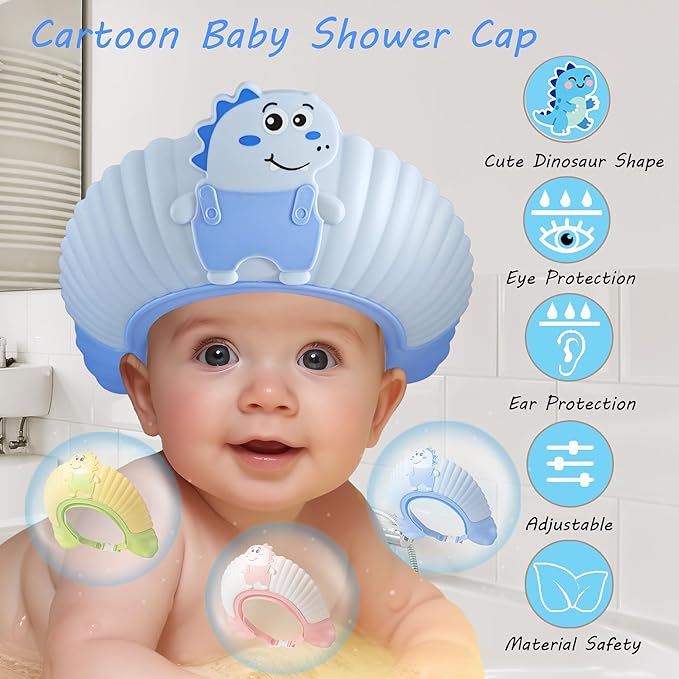Baby Shower Cap Shield, Shower Cap for Kids, Visor Hat for Eye and Ear Protection for 0-9 Years Old Children, Cute Little Dinosaur Shape Makes The Baby Bath More Fun (Blue)