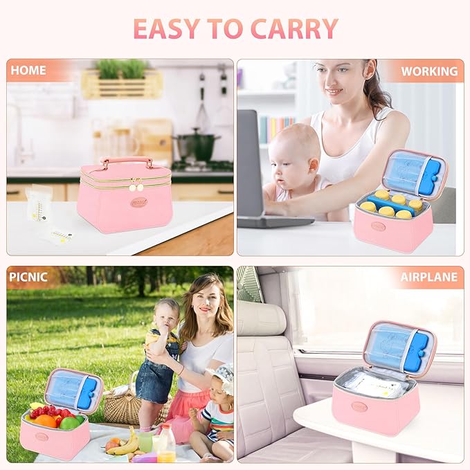 PIIOSER Breast Milk Cooler Bag with 2 Ice Pack, Fit 6 Breastmilk Storage Bags Up to 8Oz, Insulated Baby Bottles Tote Bag for Daycare and Breastfeeding Mom (Pink-XS)