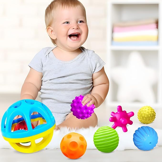 Sensory Balls - Montessori Toys, Multiple Textures Toddler Sensory Toys for Babies 1-3, Hand Catching Baby Balls, Blue Rattle 3-6 Months
