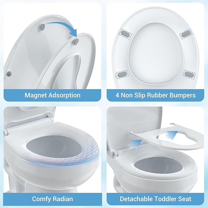 Round Toilet Seat with Toddler Seat – PP Locking Hinge Potty Training Toilet Seat Cover for Kids & Adults, White Detachable Child Toilet Seat for Family Bathroom