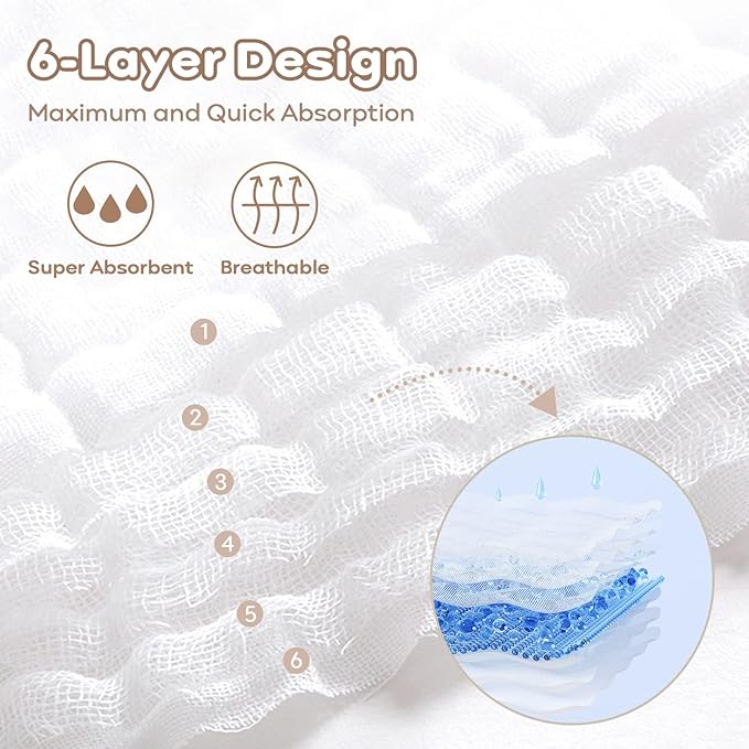 Yoofoss Muslin Baby Washcloths 100% Cotton Face Towels 6 Pack Wash Cloths for Baby 12x12in Soft and Absorbent Baby Wipes (White)