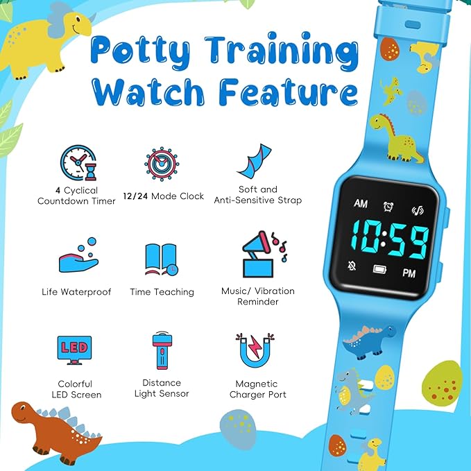 Potty Training Watch for Toddlers with Countdown, Magnetic Charging, Flashing Lights, Fun Music or Vibration Alerts - Waterproof Interactive Toilet Training Reminder for Boys & Girls Ages 2-9