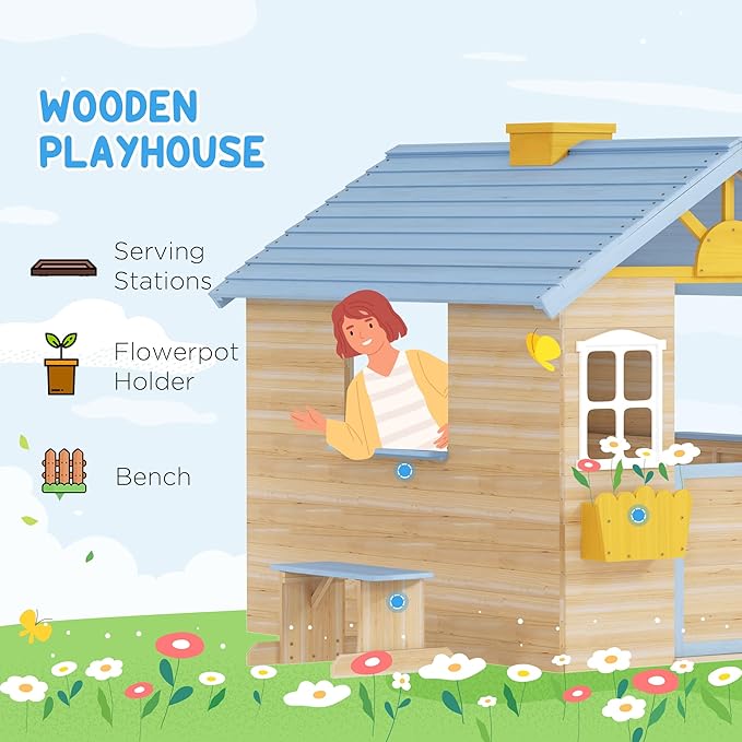 Outsunny Wooden Playhouse for Kids Outdoor Garden Pretend Play Games, Adventures Cottage, with Working Door, Windows, Bench, Service Station, Flowers Pot Holder, for 3-7 Years Old, Blue