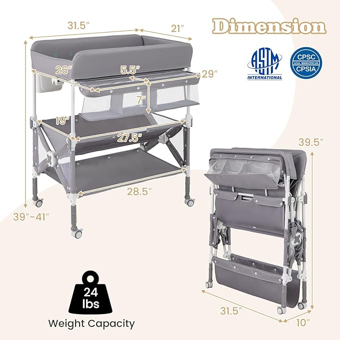 BABY JOY Portable Baby Changing Table, Foldable Waterproof Diaper Changing Station w/Wheels, Adjustable Height, Storage Basket, Shelves & Trash Bin, Mobile Nursery Organizer for Newborn Infant, Gray