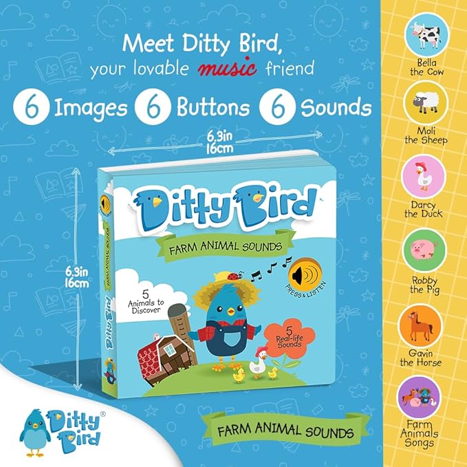 Ditty Bird Farm Animals Sound Book for Toddlers | Interactive Farm Board Book with Real Animal Sounds | Touch & Sound Book for Ages 1-3 | Sensory, Musical Book for Toddlers