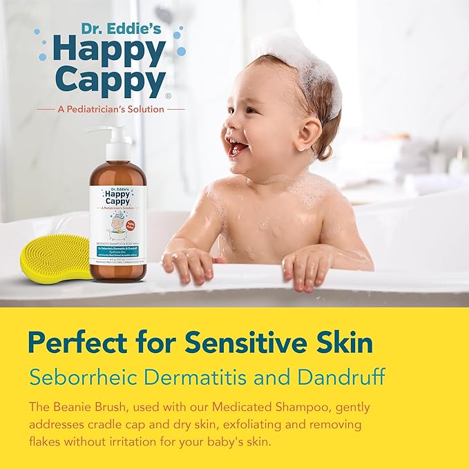 Happy Cappy Medicated Shampoo and Body Wash and Beanie Brush Bundle - Baby Dandruff Shampoo, Helps Cradle Cap and Seborrheic Dermatitis, Fragrance-Free, Gentle Baby Scalp Scrubber - 2 Pieces
