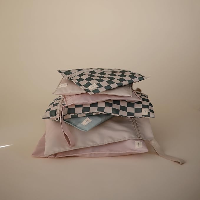 mushie Water Resistant Wet Bags | Large & Small Reusable Storage Bag for Baby Items and Travel | Zippered Pockets with Handle | Machine Washable, Set of 2 (Olive Check)