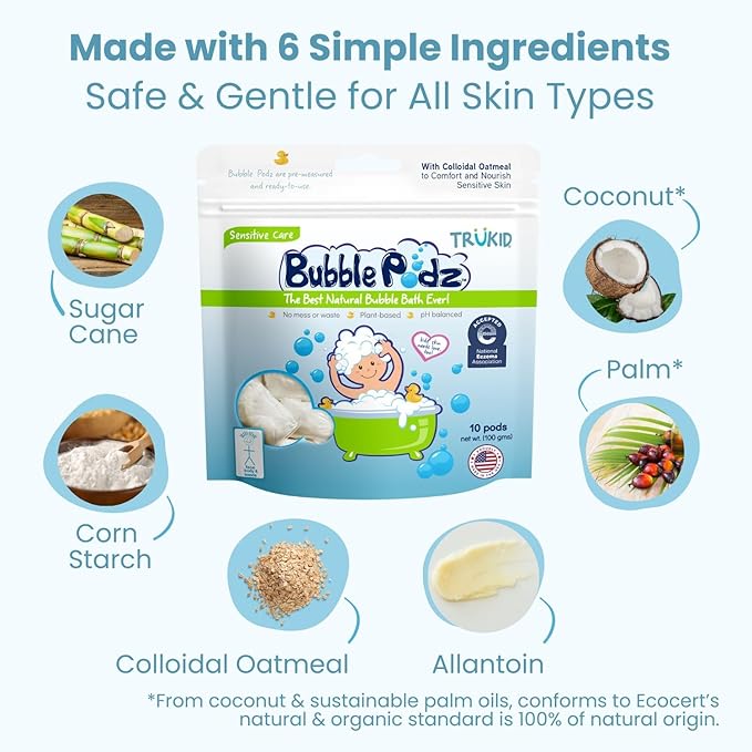 TruKid Bubble Podz Bubble Bath for Kids, Toddlers, & Babies, NEA-Accepted for Eczema, Gentle Refreshing Colloidal Oatmeal Bath Bomb for Sensitive Skin, pH Balanced, Tear Free, Unscented (24 Podz)