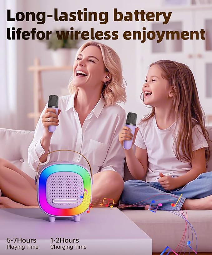 Mini Karaoke Machine Speaker for Kids Adults, Portable Bluetooth with 2 Wireless Microphones, Children's Day Birthday Gift Ideas for Toys for Teens Boys and Girls Aged 4, 5, 6, 7, 8, 9, 10, 11, 12+