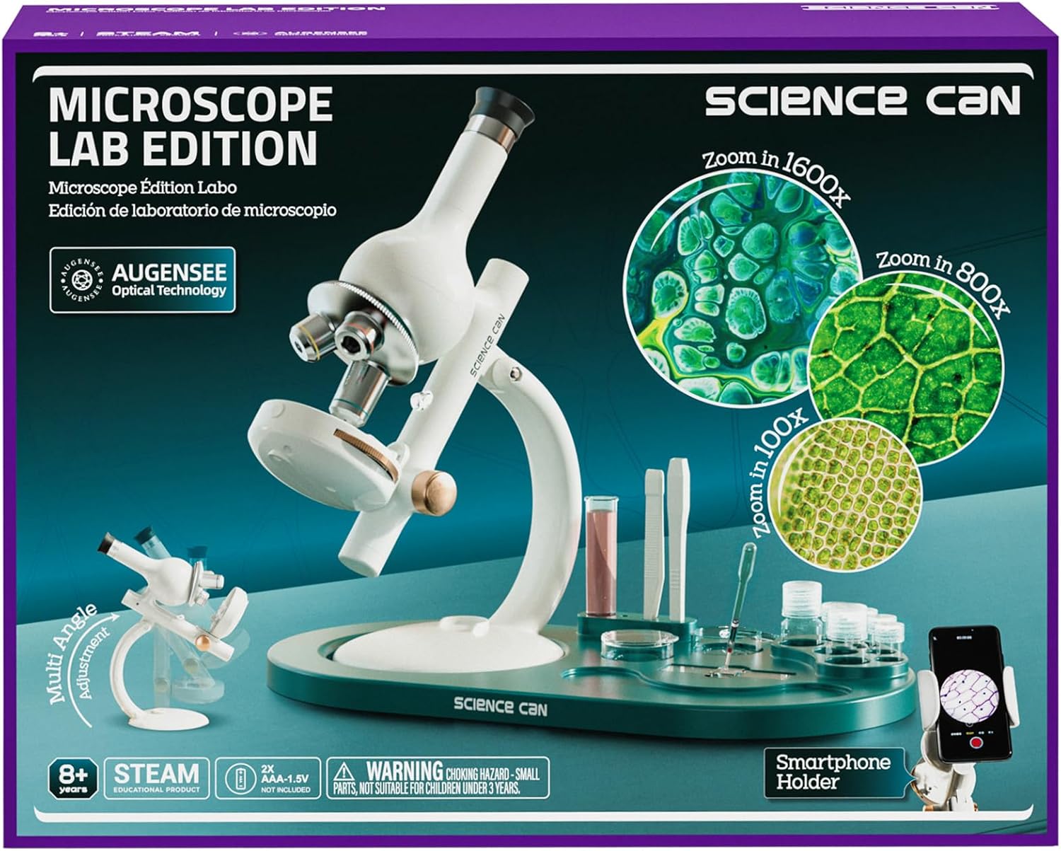 Science Can Microscope for Kids, 1600X Magnification LED Student Microscope with 8 Prepared Slides, Educational Science Lab Toy Great Birthday Gifts, Science Kits for Kids Ages 8-12